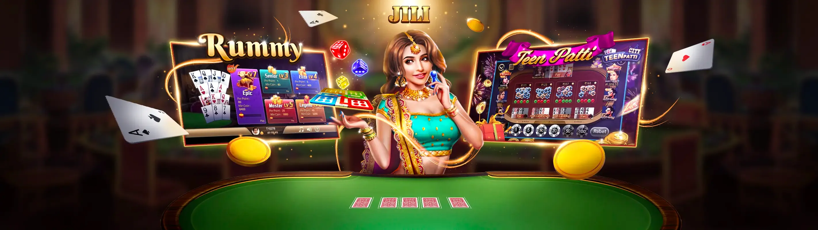 Sảnh sòng bạc trực tuyến fu88 ios với ánh sáng vàng đỏ rực rỡ, bàn chơi và máy đánh bạc